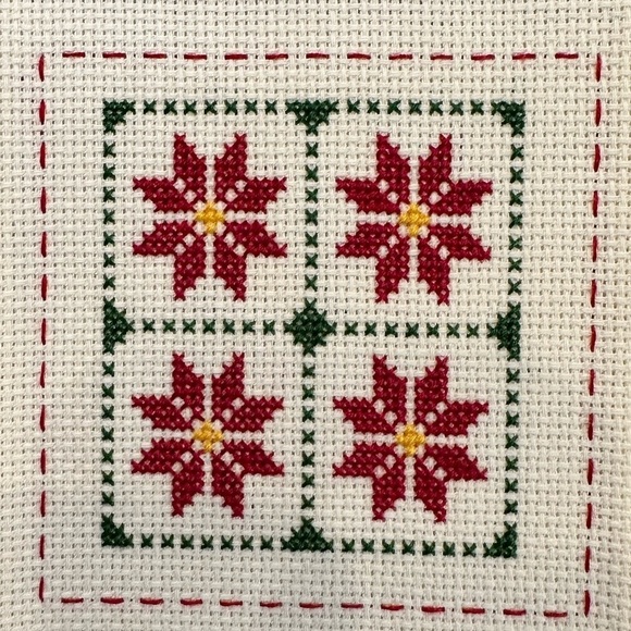 Poinsettias in windowpane design Completed Crossstitch needlework panel - Picture 1 of 11